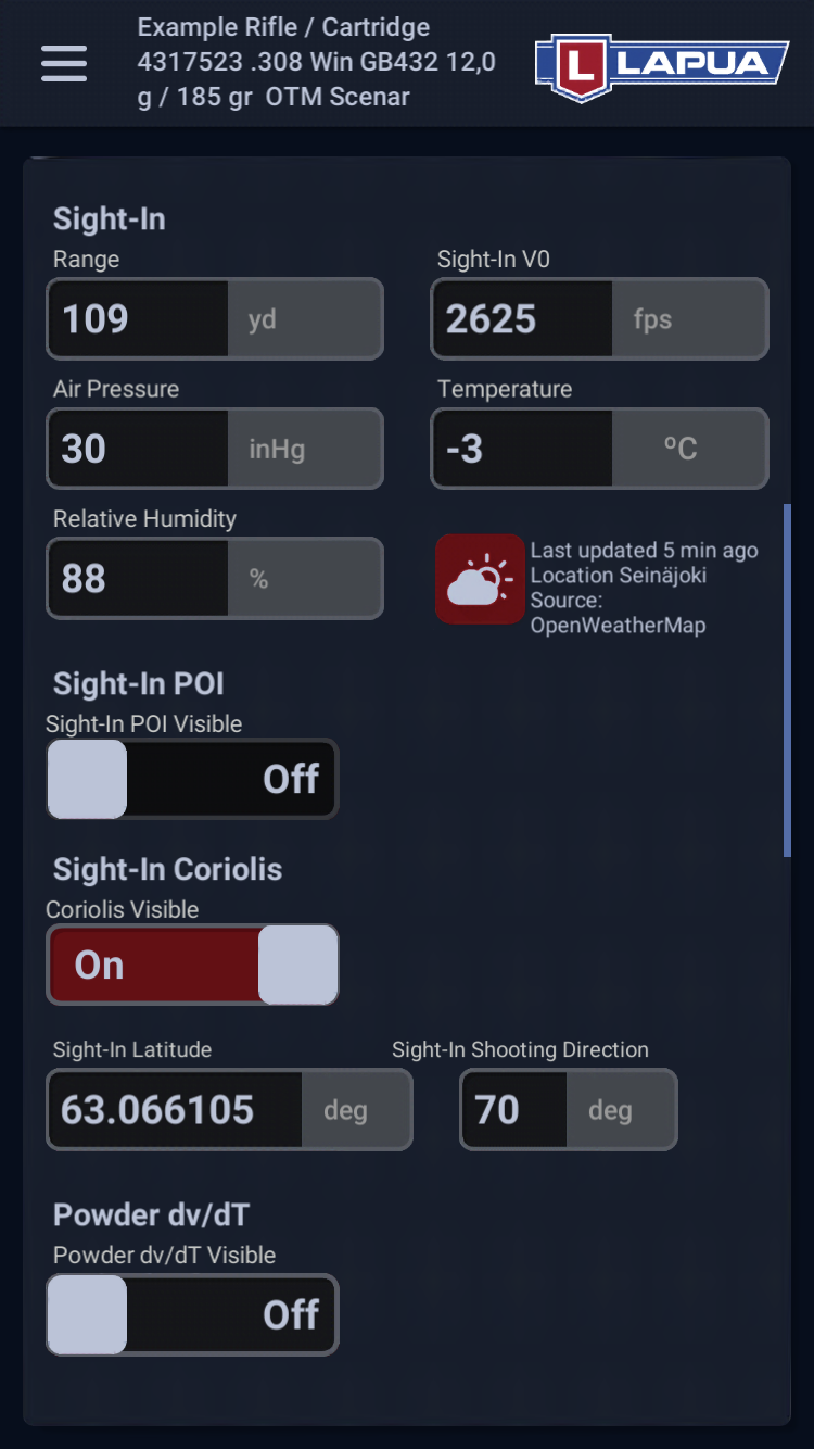 Lapua Ballistics Cartridge settings view