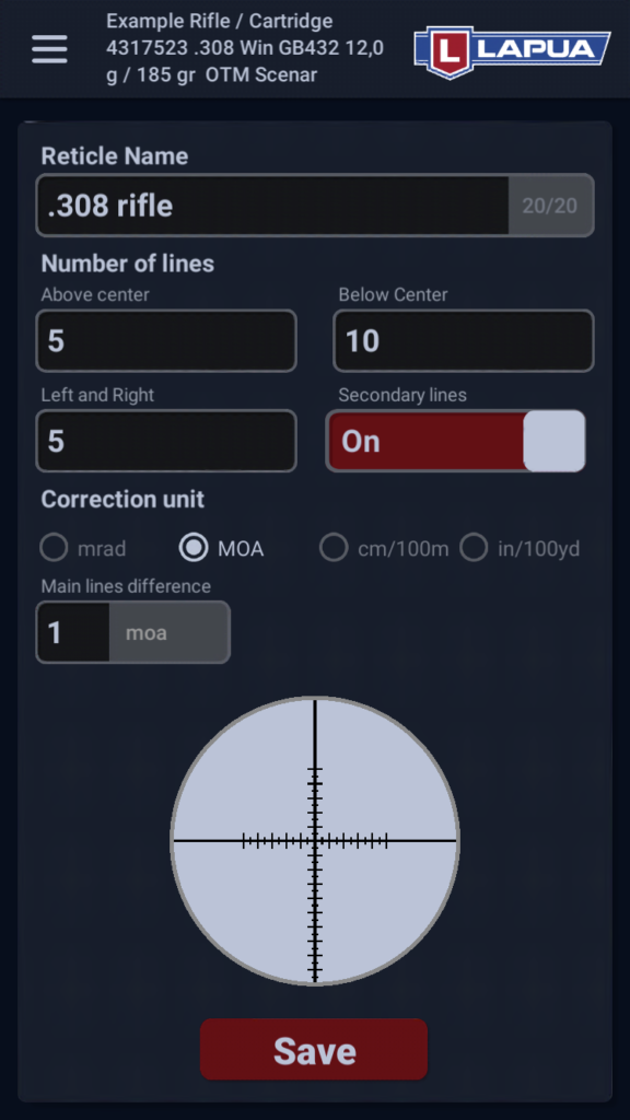 Create your reticle in Lapua Ballistics app