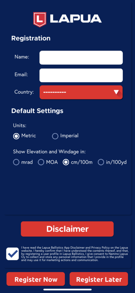 Lapua Ballistics app register view