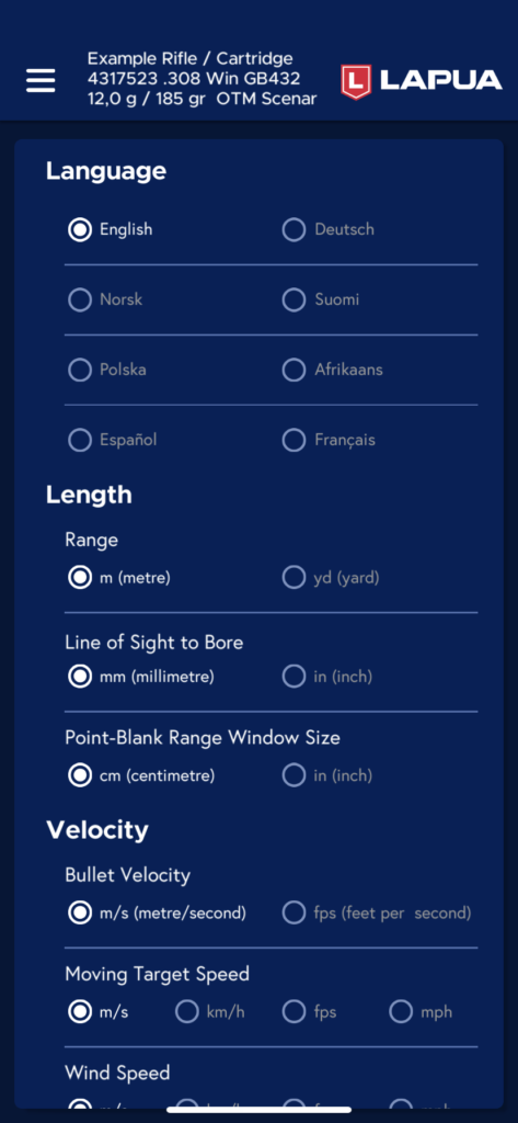 Lapua Ballistics app register settings