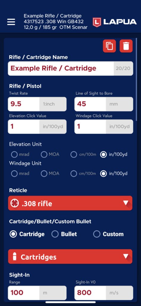 Lapua Ballistics app Rifle settings view