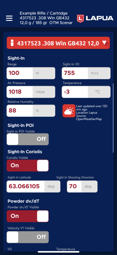 Lapua Ballistics app cartridge settings view