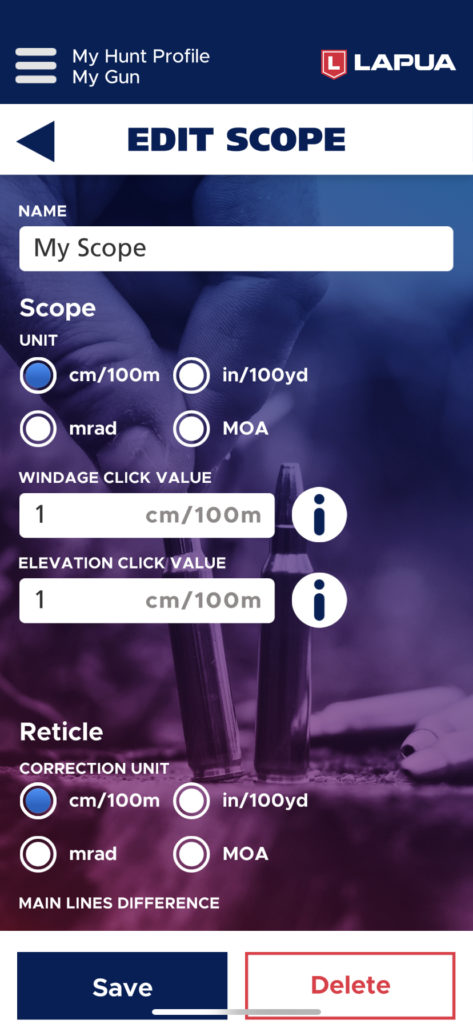 Lapua Hunt App Edit scope view