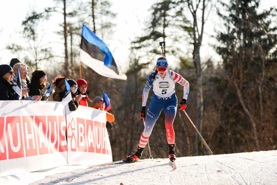 Lucinda Anderson competing in biathlon, highlighted for her Olympic, World Championship, and World Cup achievements.