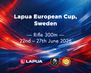 A 300m rifle shooter aiming from the firing line at Hugelsta Shooting Range in Eskilstuna, Sweden, representing the upcoming Lapua European Cup Sweden and Lapua European Cup Eskilstuna 2026.