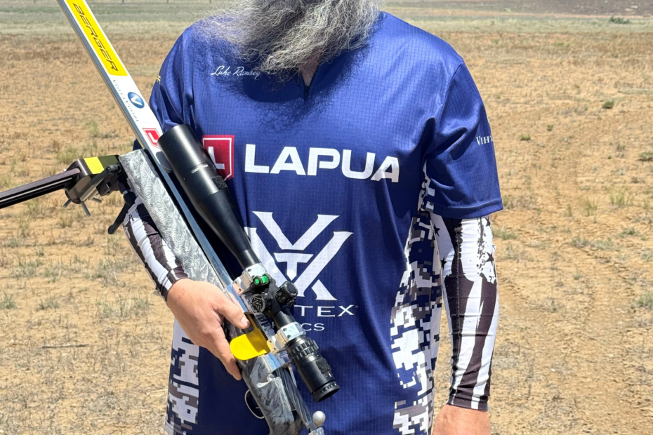 Wade Ramsey competing in the F‑T/R division at the 2026 Vihtavuori V2 Finale, aiming from a prone long‑range shooting position in challenging wind conditions.