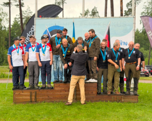 Swedish national team on the rifle team gold podium at the 2026 European Championship, celebrating their record 1960‑point victory with Lapua ammunition.