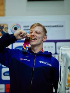 Aleksi Leppä celebrates after winning the gold medal in the 300 m Rifle Three Positions Men event at the ISSF World Championships in Cairo, Egypt.