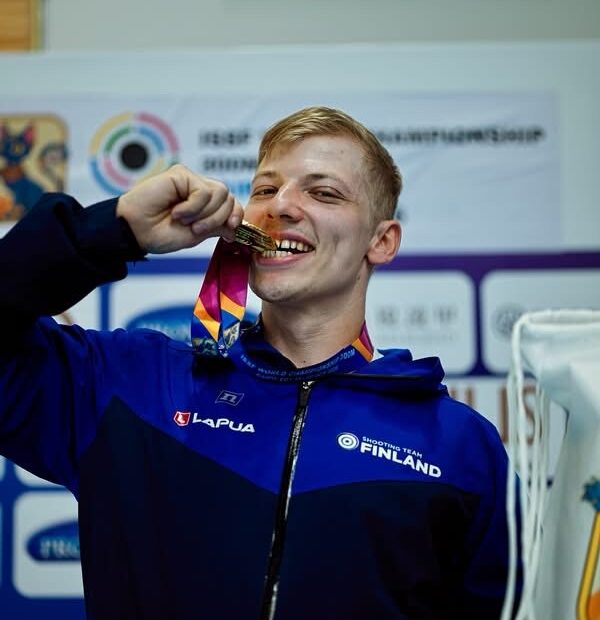 Aleksi Leppä celebrates after winning the gold medal in the 300 m Rifle Three Positions Men event at the ISSF World Championships in Cairo, Egypt.